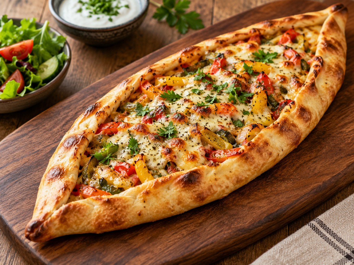 Veg Pide Flatbread plated food photograph